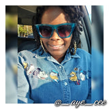 Bourgeois Pineapples owner Ayesha Clarke wearing blue cat eye fashion sunglasses 
