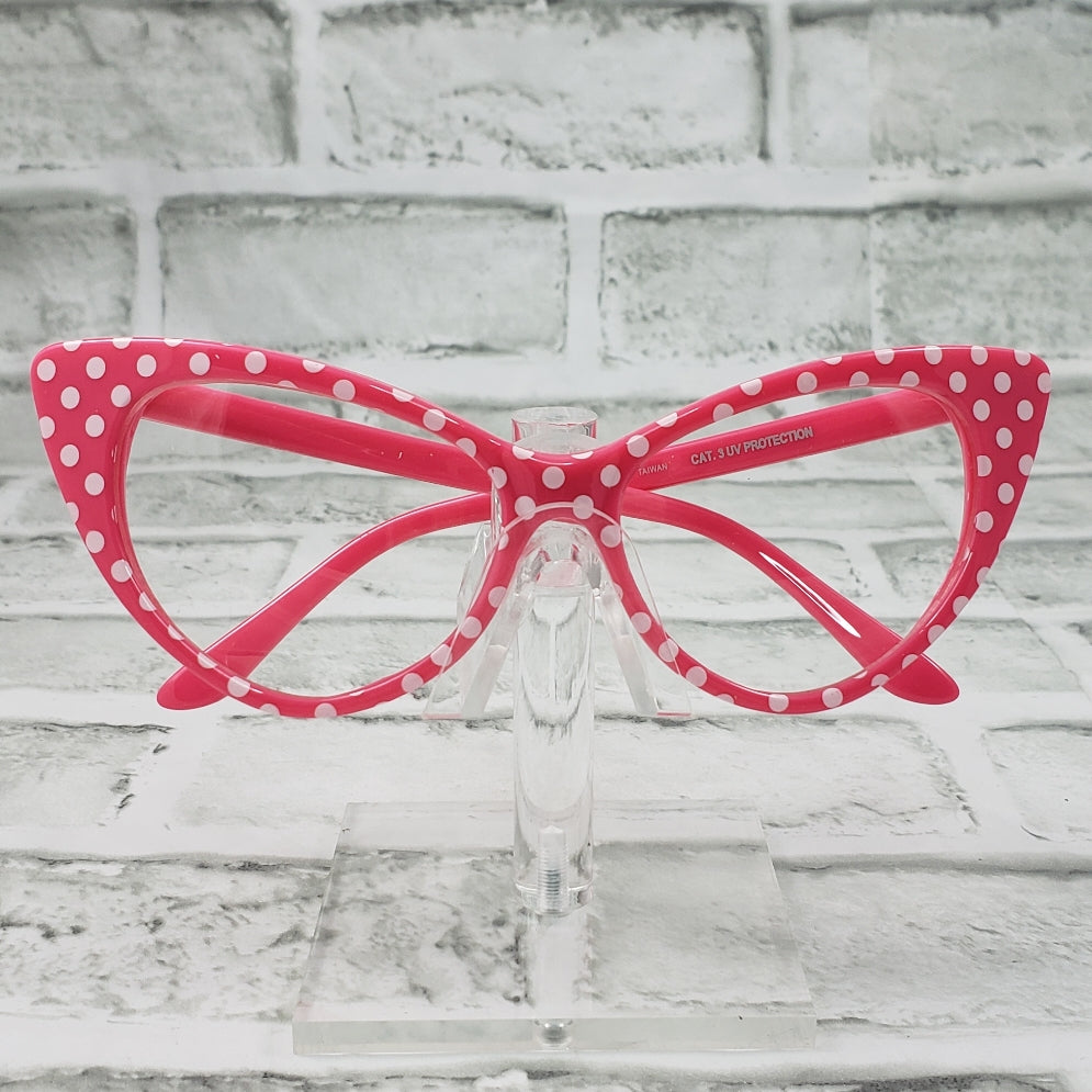 KISS Eyewear Classic Retro Cat Eye Glasses – Pink Frame With White Polka Dots – Clear Lenses